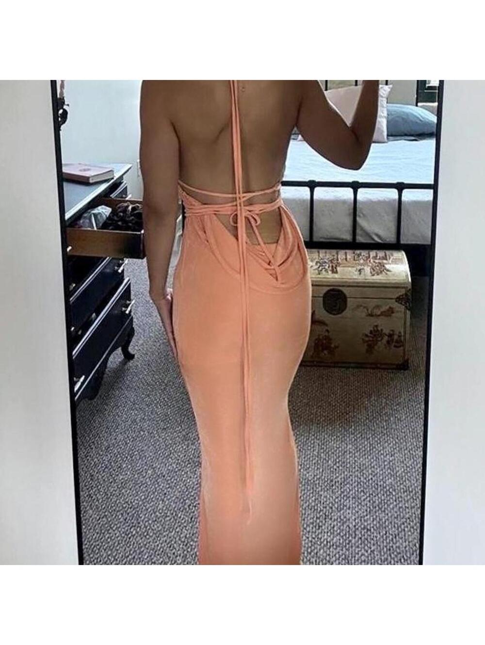 Orange maxi dress with tie back detail. Size: M/L…stretchy fabric - Picture 2 of 3